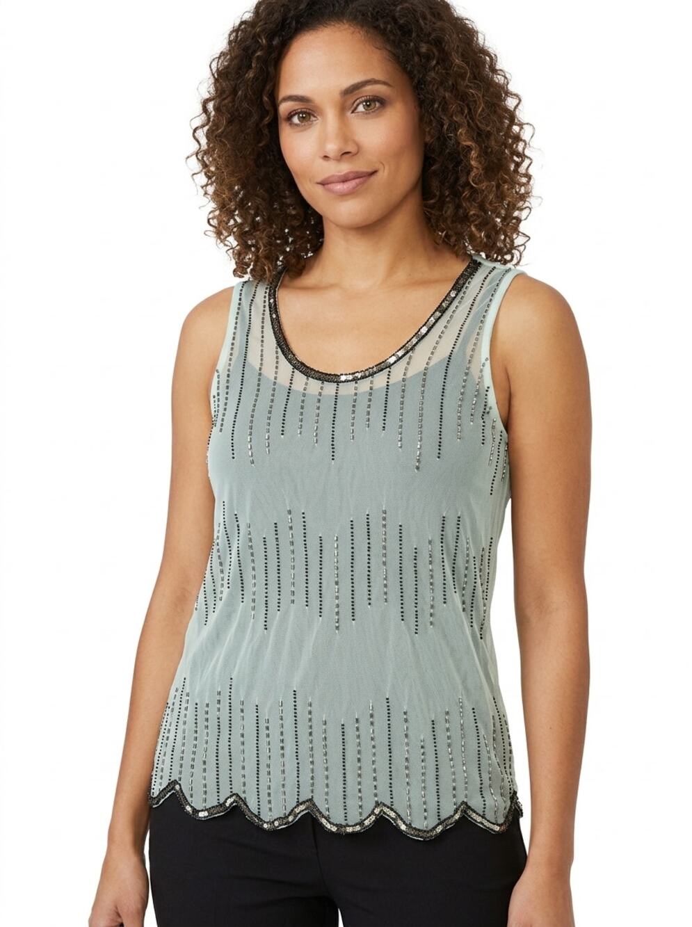 BKE Boutique Mint Green Sequin Beaded Sheer Mesh Tank Top Women Size S
